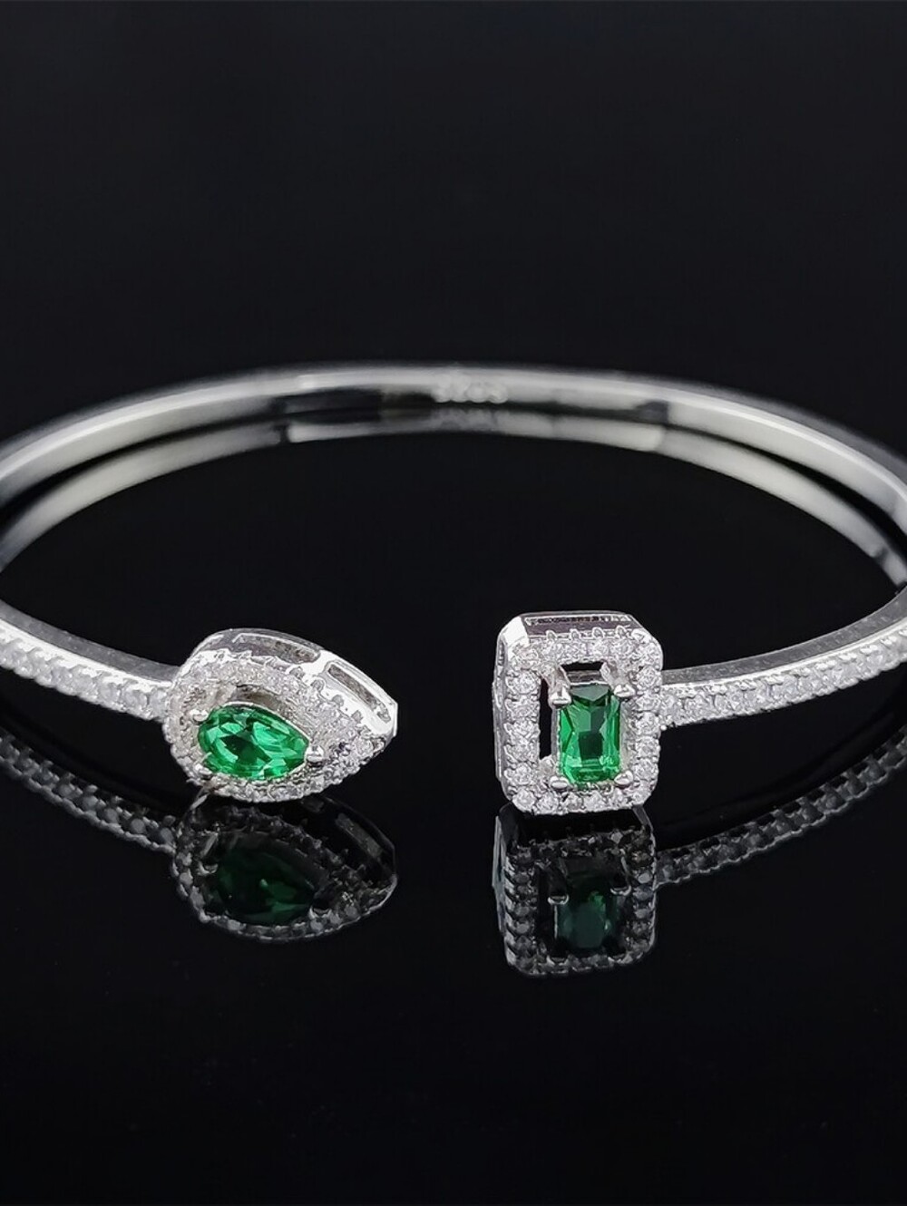 Elegant Emerald Open Cuff Bracelet & Adjustable Ring Set |Silver Tone CZ Jewelry - Picture 7 of 7